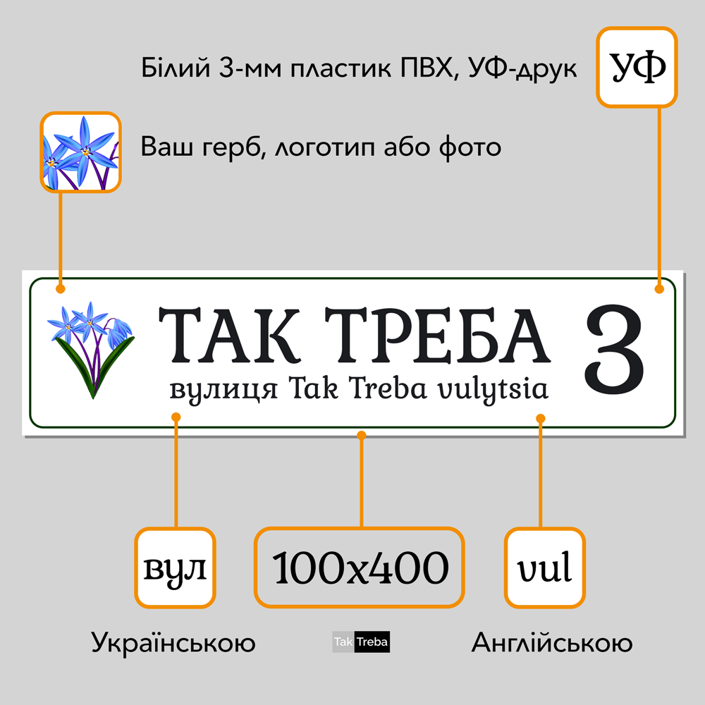 Tabliczka adresowa z logo, herbem lub zdjęciem i dwujęzyczna (opcjonalnie) 100x400 mm