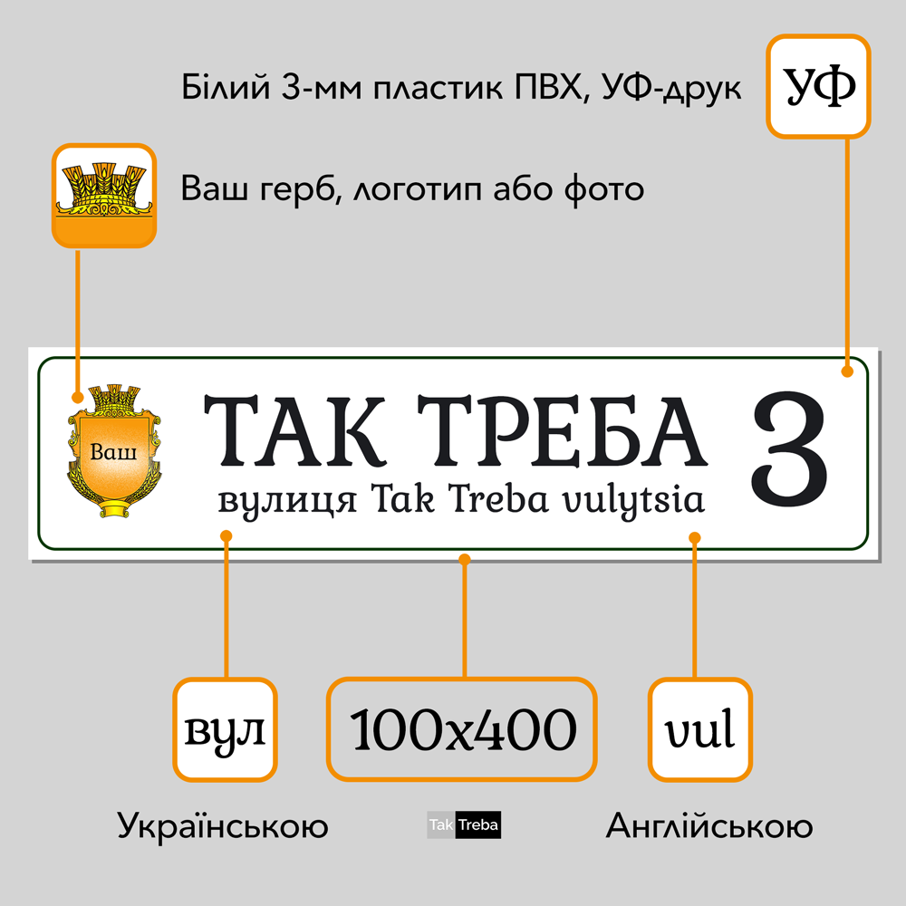 Tabliczka adresowa z logo, herbem lub zdjęciem i dwujęzyczna (opcjonalnie) 100x400 mm