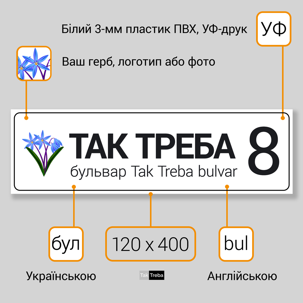 Tabliczka adresowa z logo, herbem lub zdjęciem i dwujęzyczna (opcjonalnie) 120x400 mm